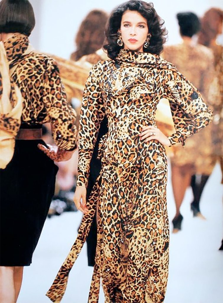 Yves Saint Laurent 1986 leopard silk skirt suit